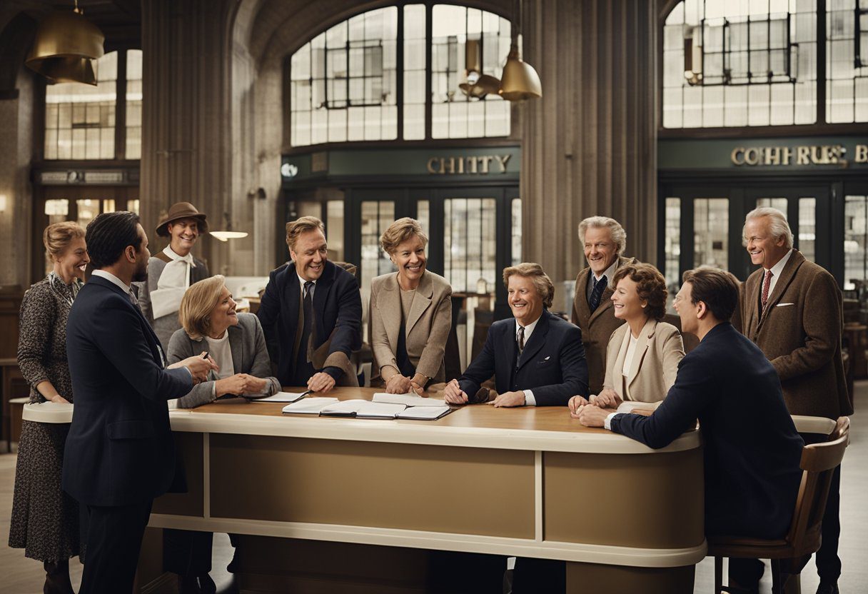 A group of people gather at a cooperative bank, discussing and signing up for chitty schemes. The bank manager oversees the process with a smile