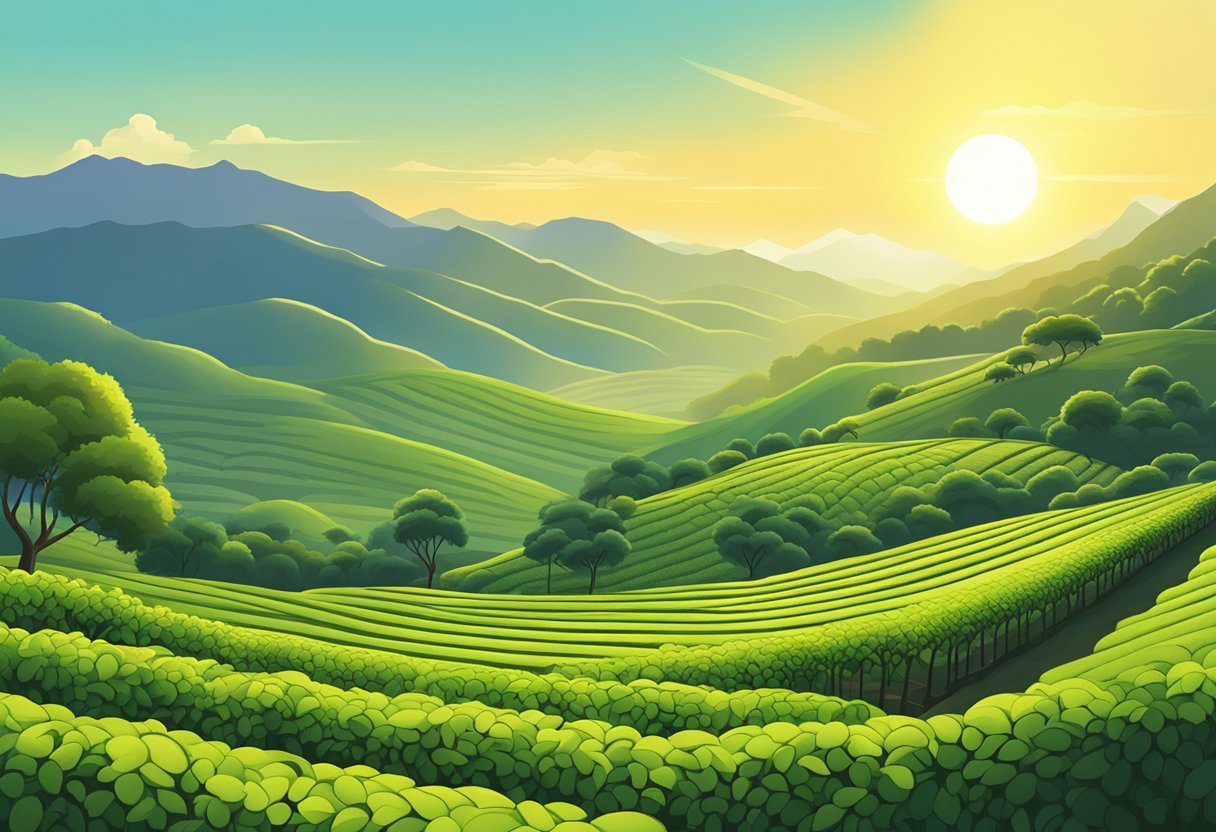 A lush, mountainous tea plantation with rows of vibrant green tea bushes stretching into the distance. The sun casts a warm glow over the landscape, highlighting the beauty of the Dhruba Tea estate