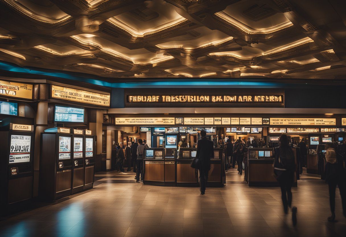 A crowded movie theater lobby with movie posters and ticket booths for 5 Movierulz