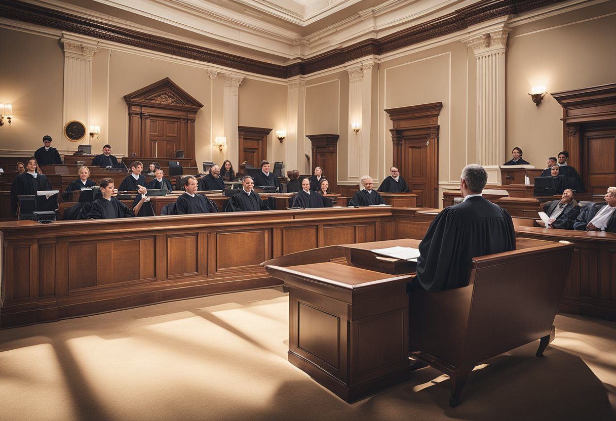 A courtroom scene with a judge presiding over a legal case, lawyers presenting arguments, and a jury listening attentively for 5Movierulz