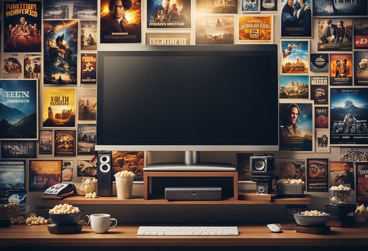 A computer screen surrounded by movie posters of 5Movierulz, popcorn, and a remote control