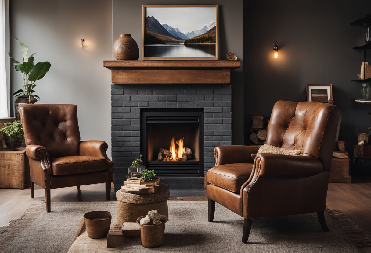 A cozy living room with family photos on the wall, a worn leather armchair, and a crackling fireplace of Lewandowski Grandfather