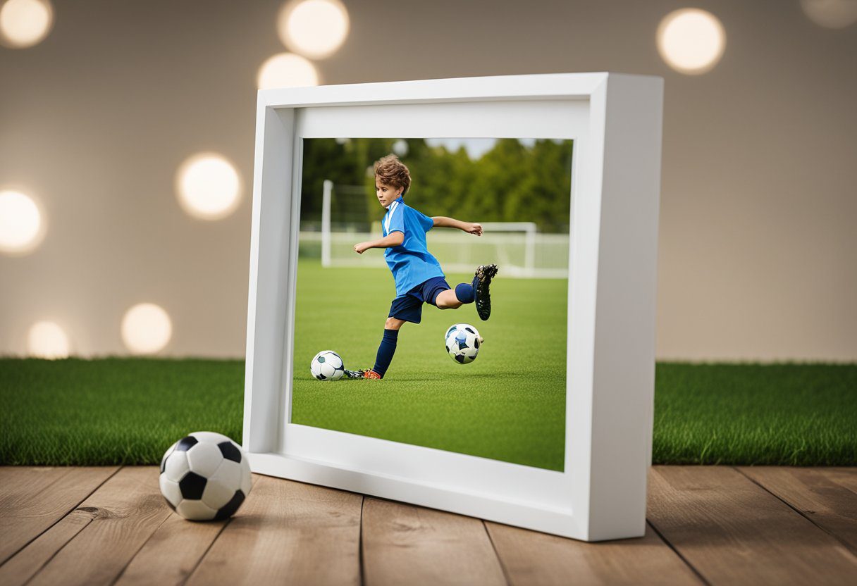 A young boy kicking a soccer ball in a grassy field, with a framed photo of his grandfather beside the goal