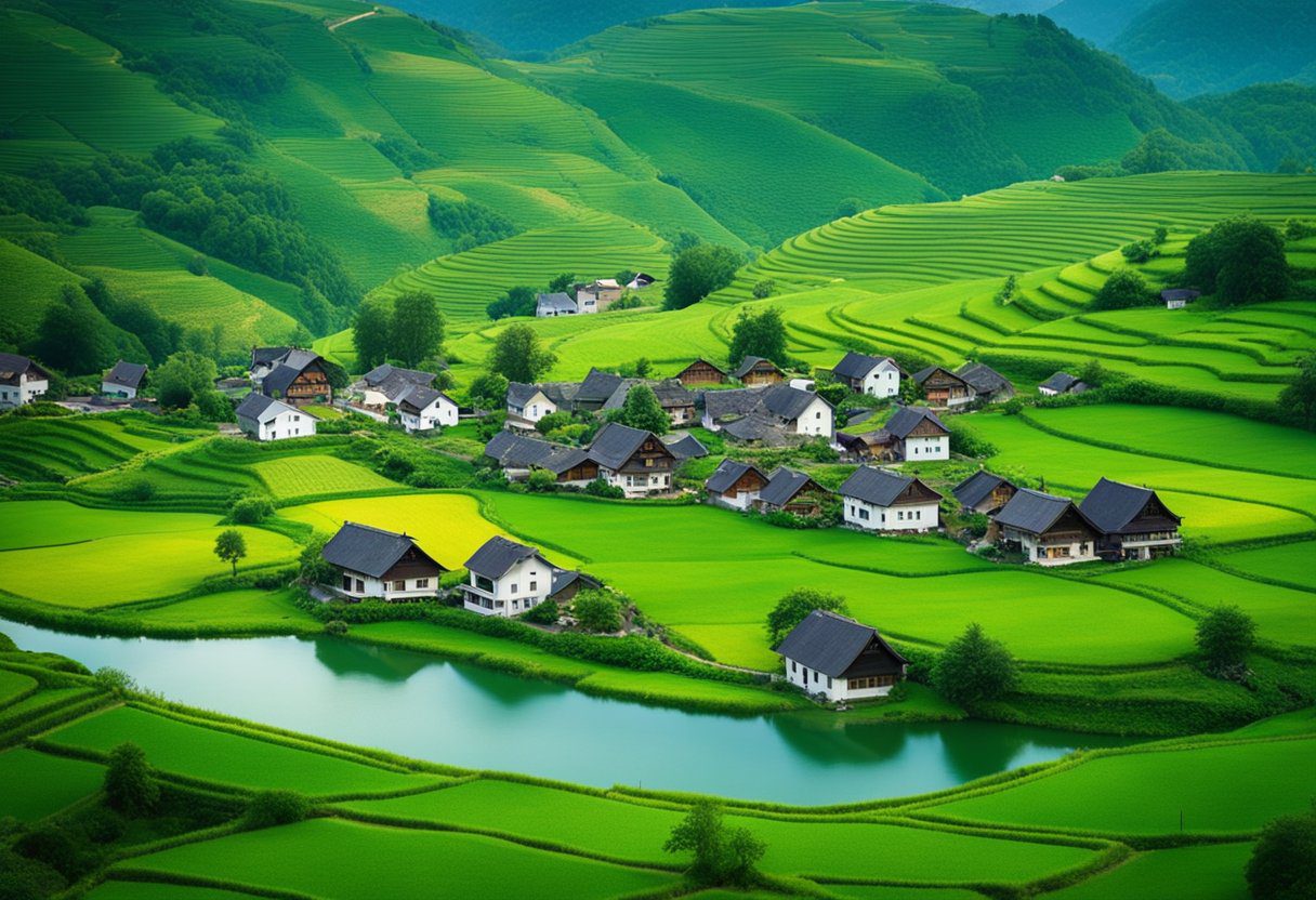 A small village with traditional houses, surrounded by lush green fields and a winding river of Robert Lewandowski Grandfather