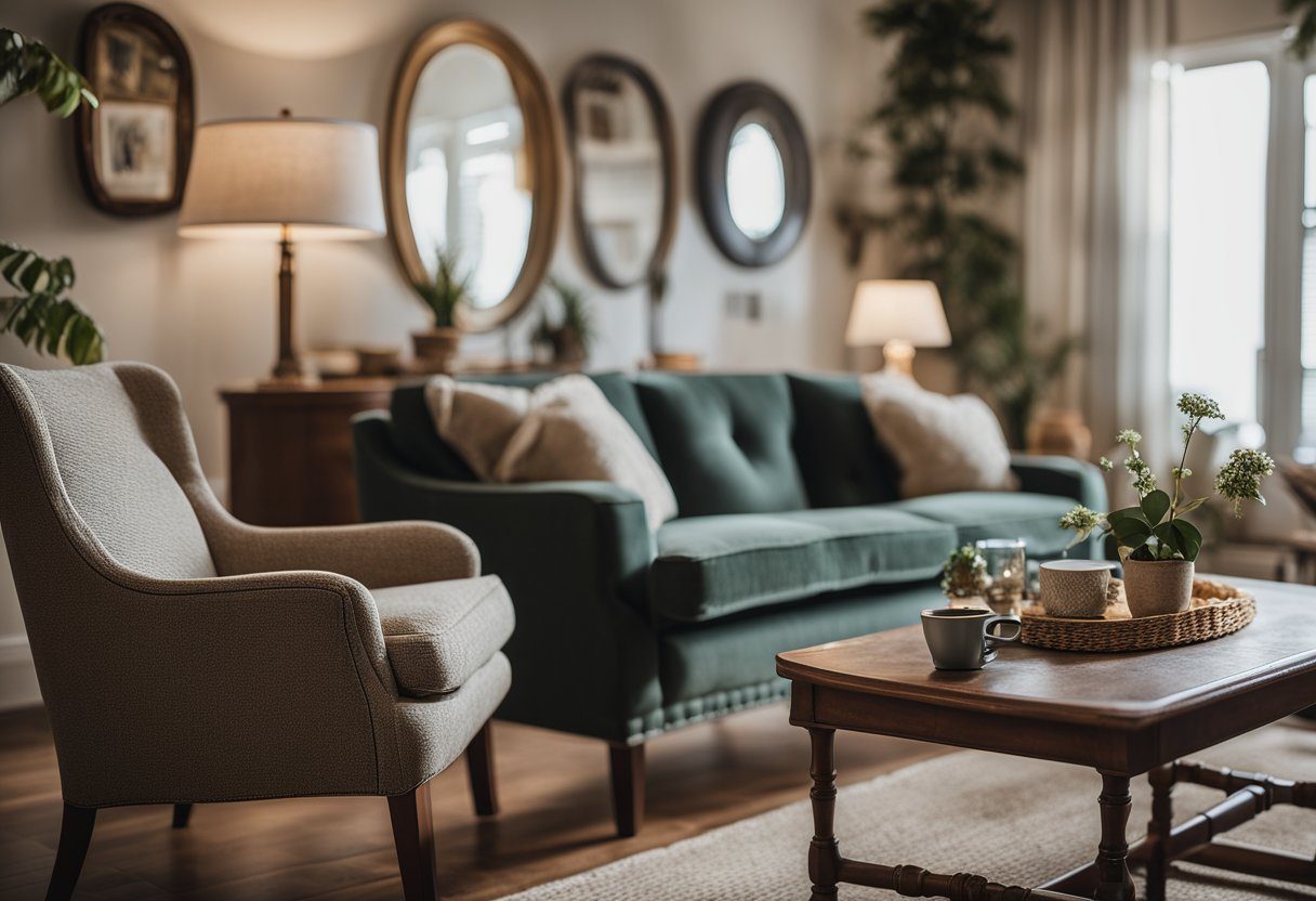 A cozy living room with family photos on the walls, a worn armchair, and a small table holding a cherished family heirloom