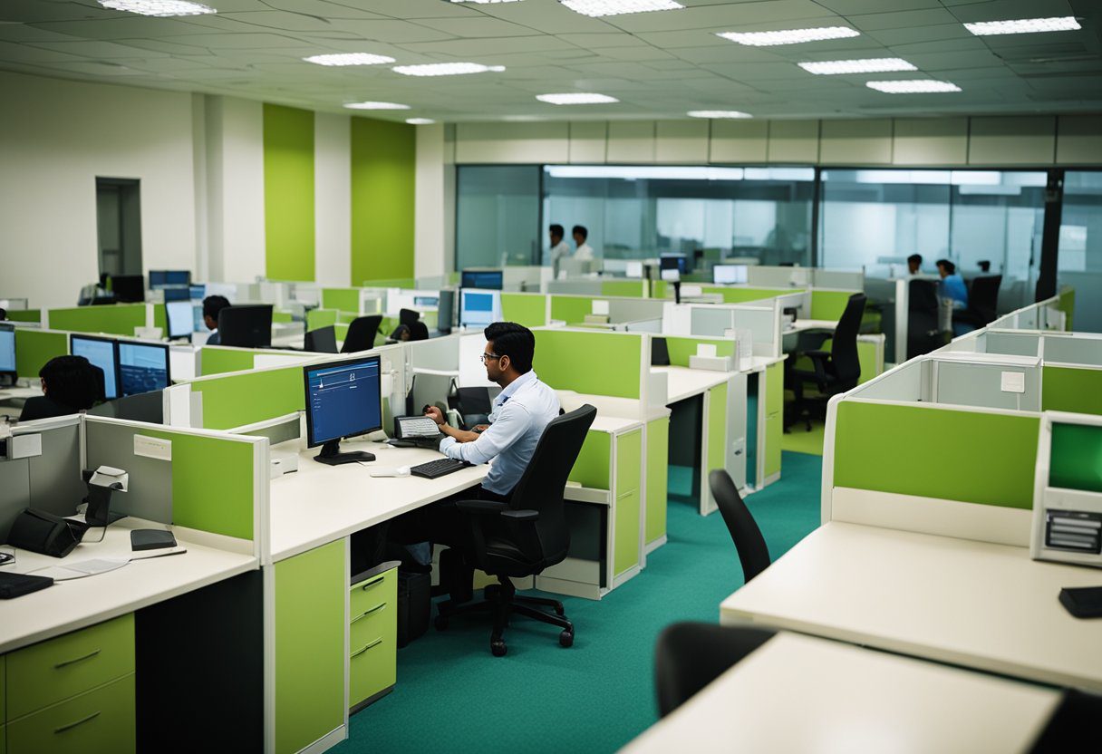 A bustling office in CMM Kolkata FF, with employees working in cubicles and meeting in conference rooms