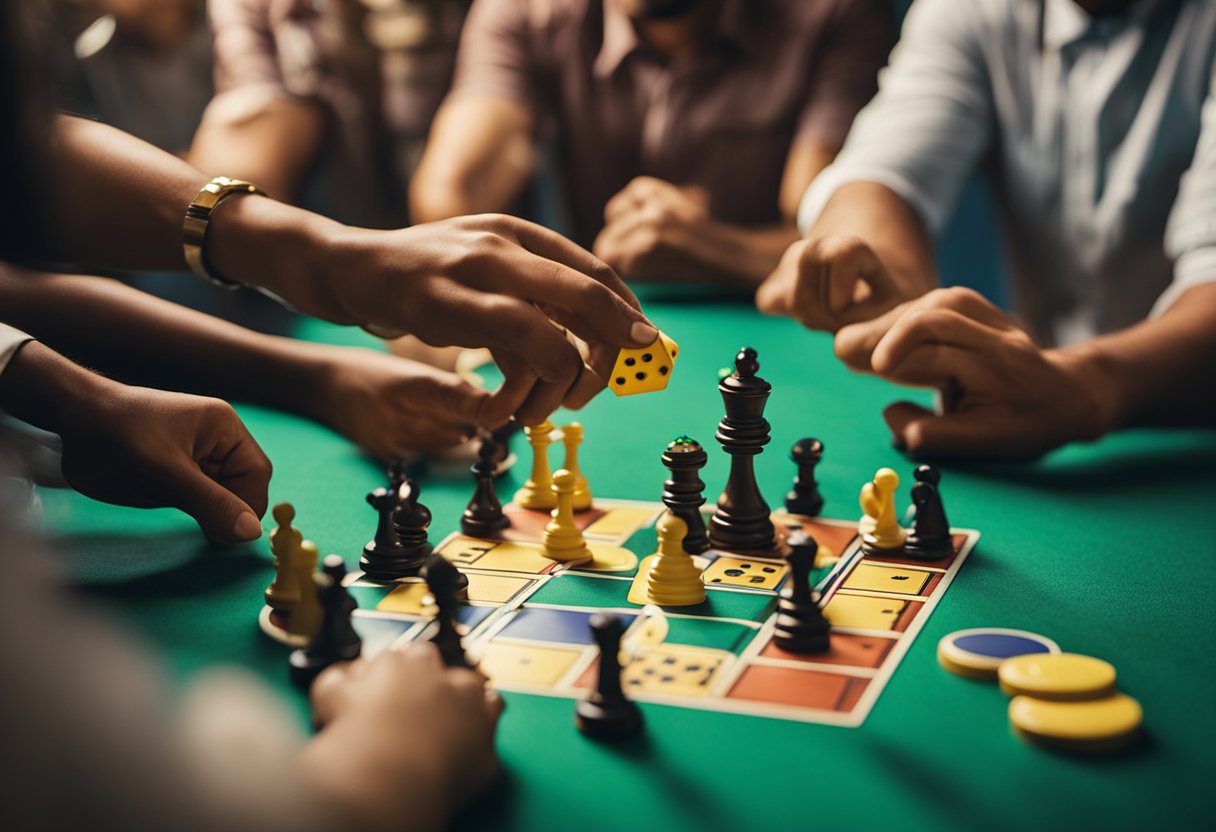 A group of people gather around a table, eagerly playing the game Kolkata FF, with colorful game pieces and a lively atmosphere