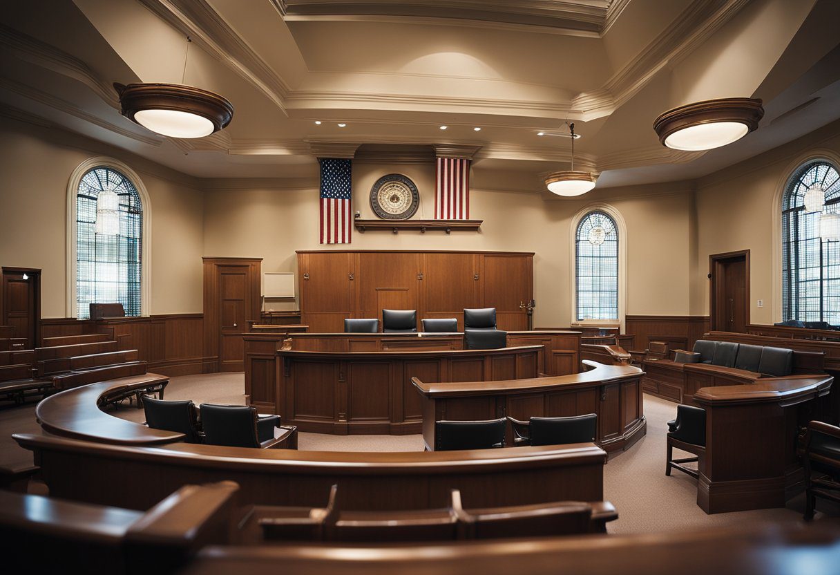 A courtroom with a judge's bench, witness stand, and gallery of spectators