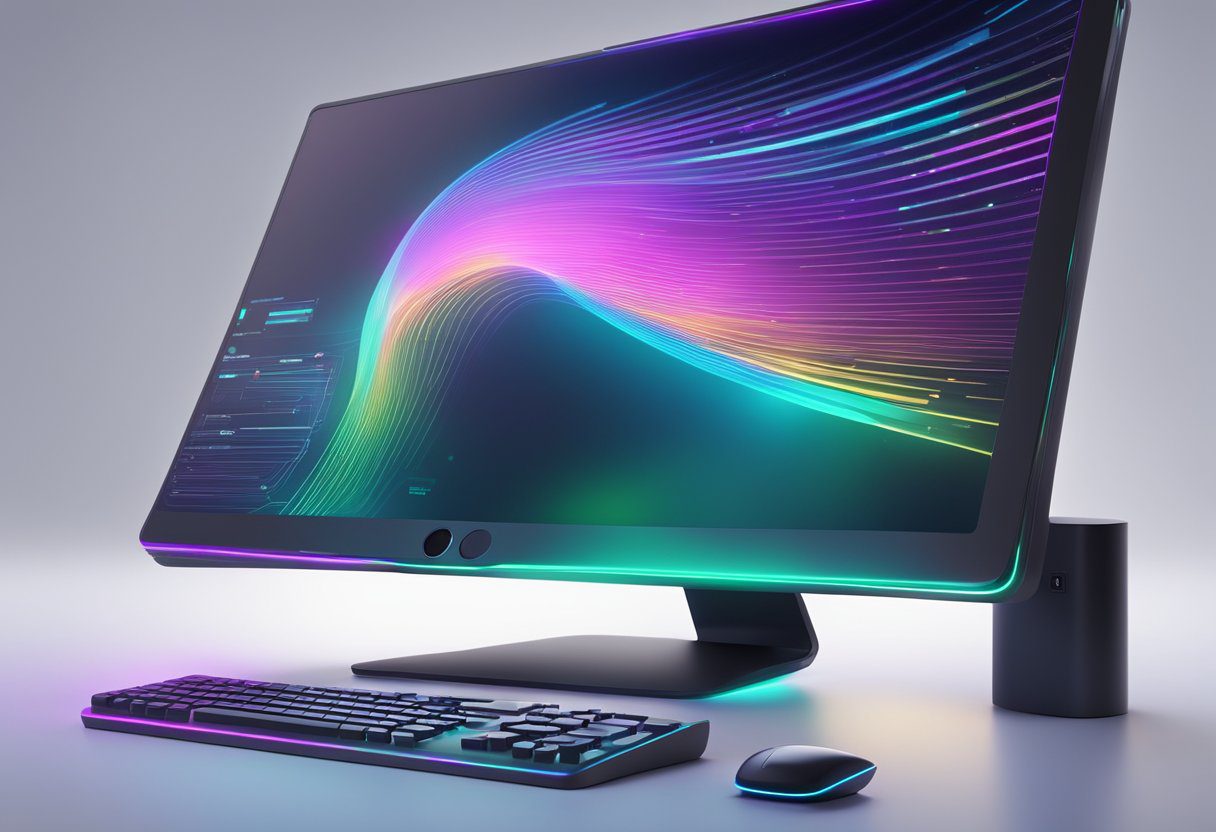 A futuristic, sleek computer with a holographic display projecting PornX AI