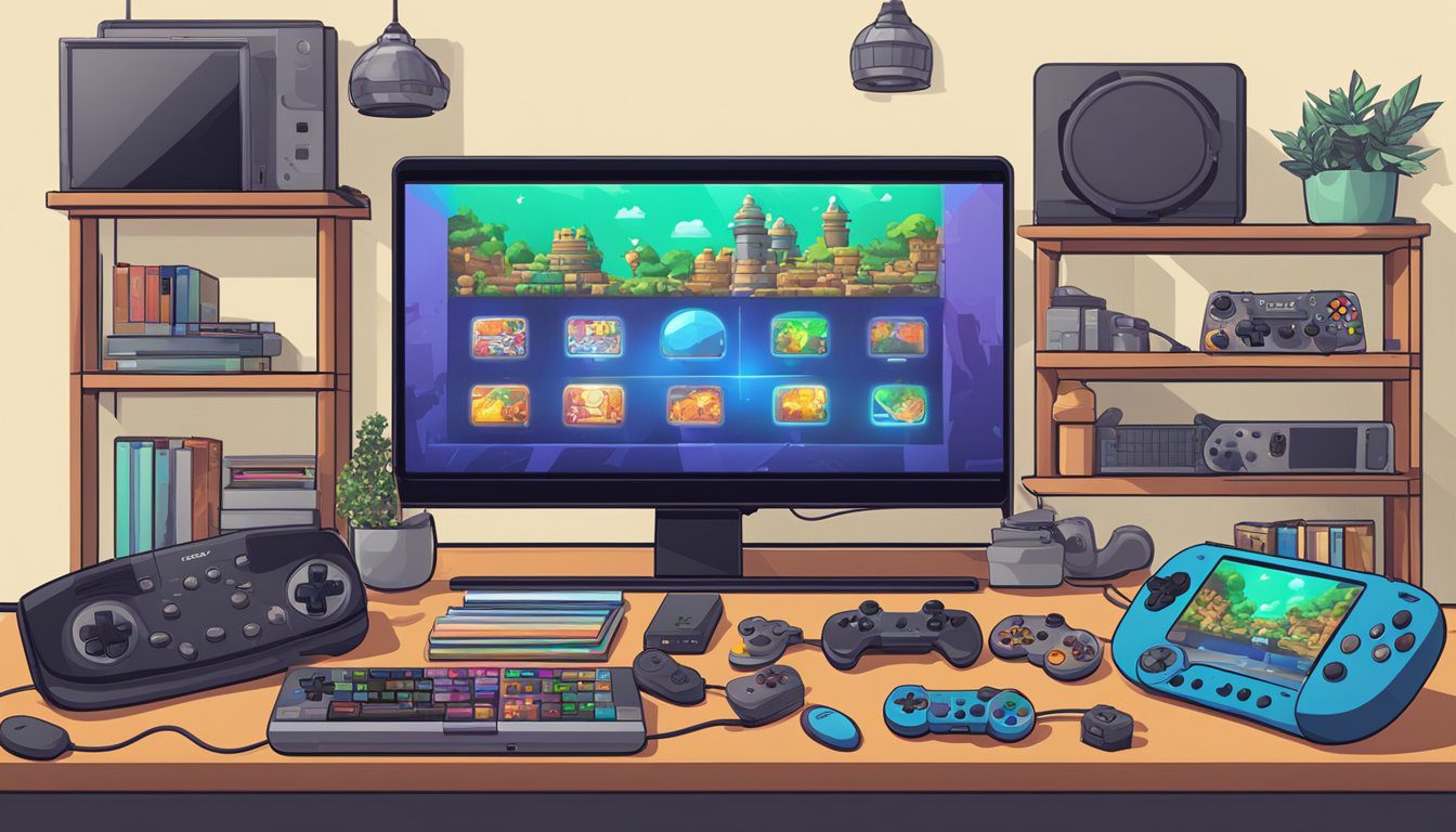 A collection of highly compressed PPSSPP games displayed on a digital screen, surrounded by various gaming accessories and controllers