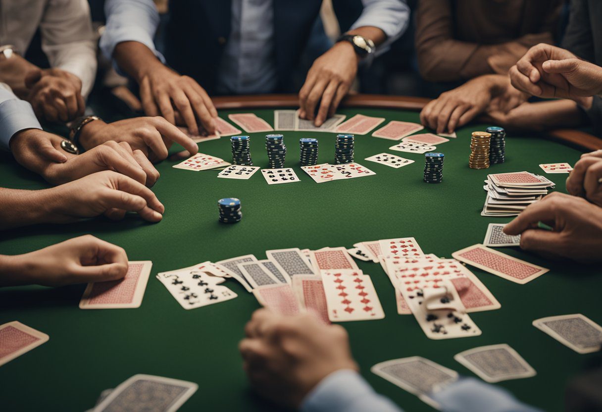 A group of people gathered around a table, placing bets and eagerly watching as the Matka results are revealed on a screen