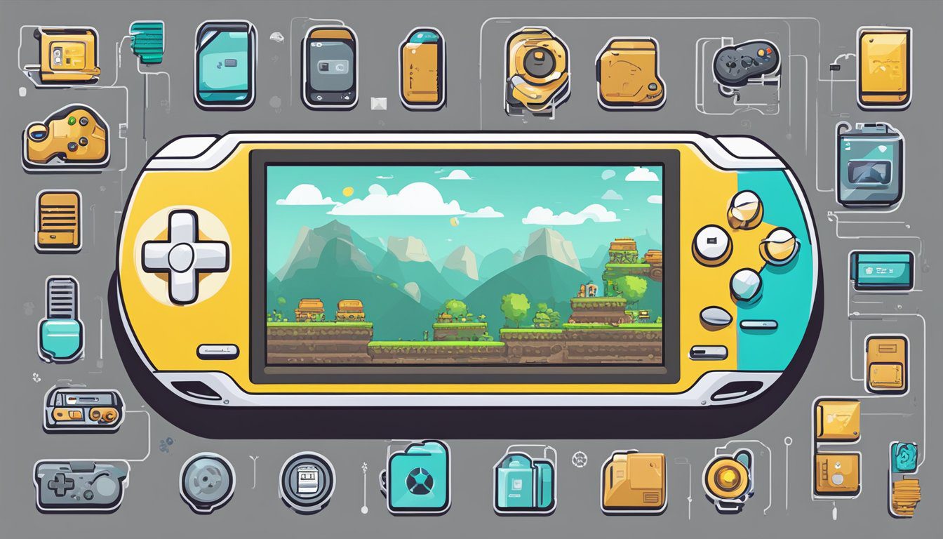 A handheld gaming console with a screen displaying a highly compressed PPSSPP game, surrounded by icons representing the benefits of the game